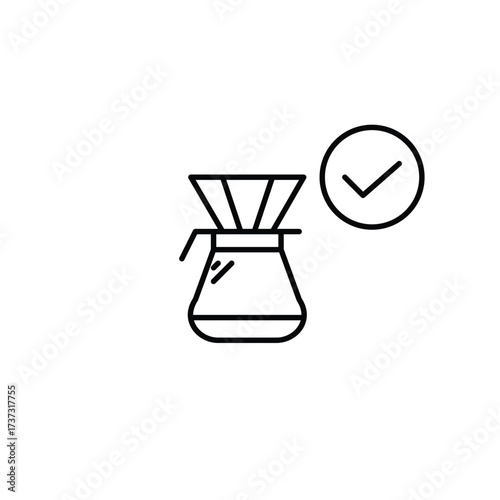 Filter coffee and checkmark. Coffee shop, barista menu. Pixel perfect, editable stroke vector icon