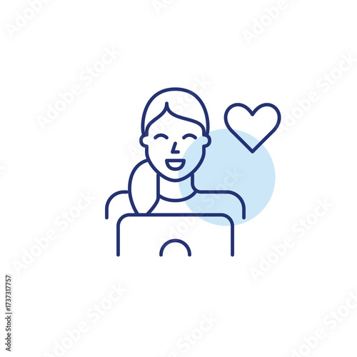 Woman working at laptop and heart. Customer support online, trusted remote user care. Pixel perfect, editable stroke vector icon