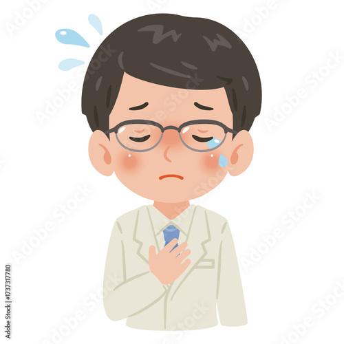 白衣を着た泣く男性　上半身イラスト／Crying man wearing a white coat　upper body illustration