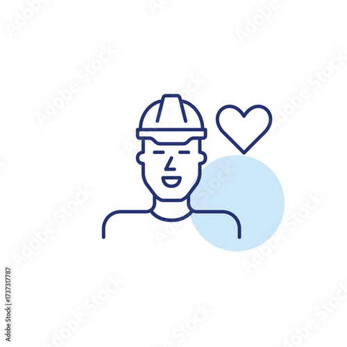 Man in hard hat and heart. Workplace safety, trusted construction care. Pixel perfect, editable stroke vector icon