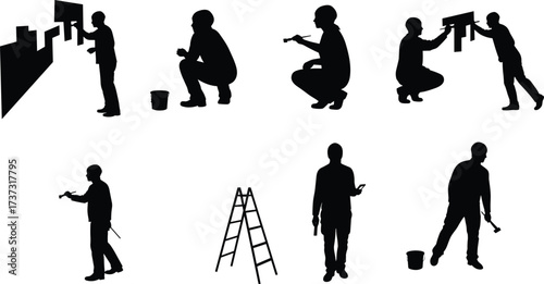 ainting silhouettes, wall art, occupational activity, creative work, artistic expression, ladder and bucket, cultural design, craftsmanship, labor task, illustration