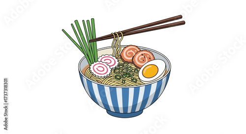 A delicious bowl of ramen noodle soup topped with egg chashu and narutomaki is served with chopsticks.