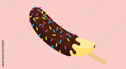 A delicious chocolate covered banana with colorful sprinkles on a stick against a soft pink background.