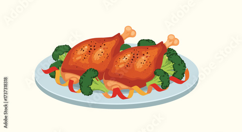 Delicious roasted chicken legs served with a colorful medley of fresh vegetables and broccoli florets on a white plate.