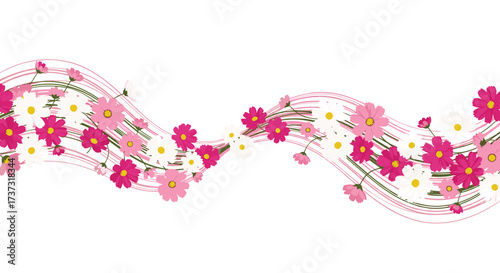 A gentle wavy floral pattern with delicate pink and white flowers dancing.