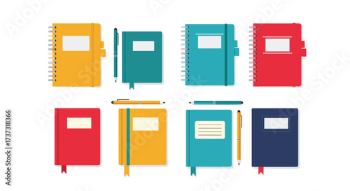 A collection of colorful notebooks and pens ready for writing and note-taking activities.