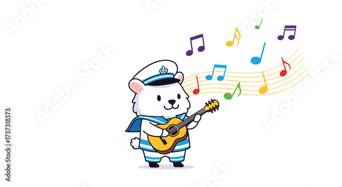 A cute cartoon bear wearing a sailor hat and outfit plays a guitar with music notes floating around it.