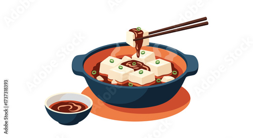 Silky tofu dish with savory sauce served with chopsticks and dipping sauce.