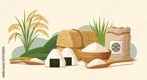 Rice cultivation and its various forms showcased in a still life composition.