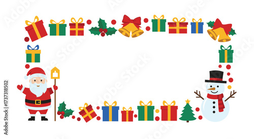 A festive holiday frame with pixelated christmas characters and gifts.