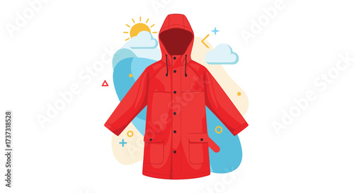 A vibrant red hooded raincoat designed for outdoor adventures and protection from the elements.