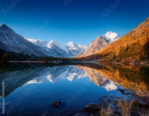 Tranquil Mountain Reflection: Snow-Capped Peaks Mirrored in a Pristine Alpine Lake Under a Clear Blue Sky