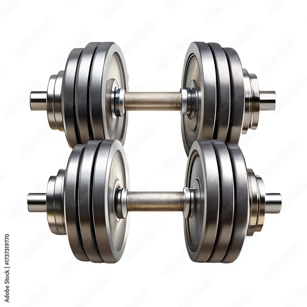 Naklejka premium Two heavy metal dumbbells with weight plates, isolated on a transparent background, representing fitness and exercise