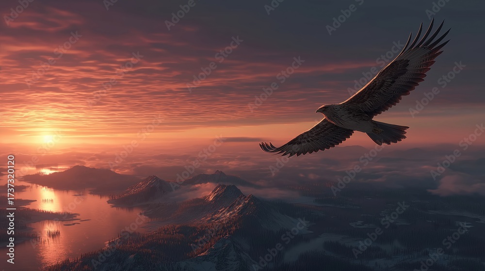 Naklejka premium 夕焼け空の下、山と湖の上を飛ぶワシ | Eagle flying over mountains and lakes under a sunset sky