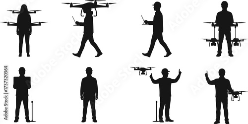 Drone operator silhouettes, human interaction, remote control, aerial technology, tactical gear, inspection activity, surveillance, piloting process, innovation, illustration
