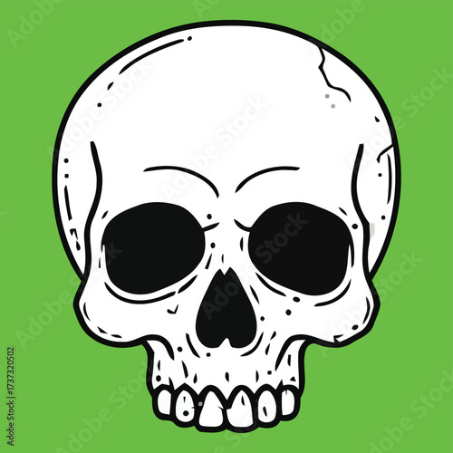 Scary pirate skull and crossbones vector illustration with bones, teeth, danger, and death for Halloween and tattoo symbol icon art on green background