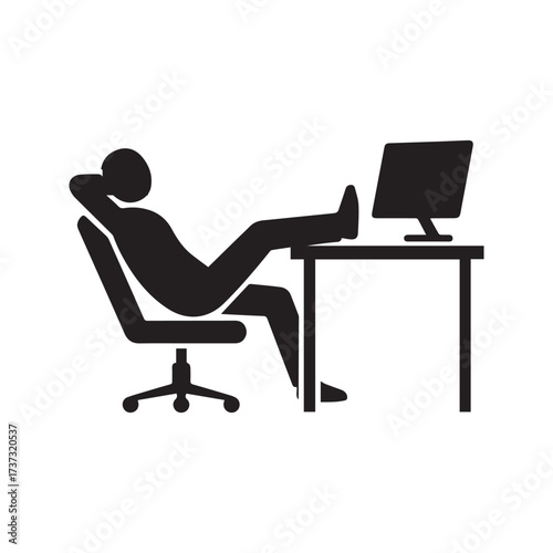 “Office worker relaxing at desk icon. Man with feet up on computer table, taking a break or procrastinating. Lazy employee pictogram.”
