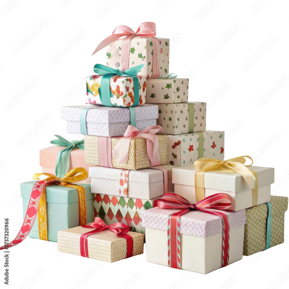 Obraz premium Colorful gift boxes stacked in festive arrangement, adorned with ribbons and decorative patterns, evoke joyful celebration