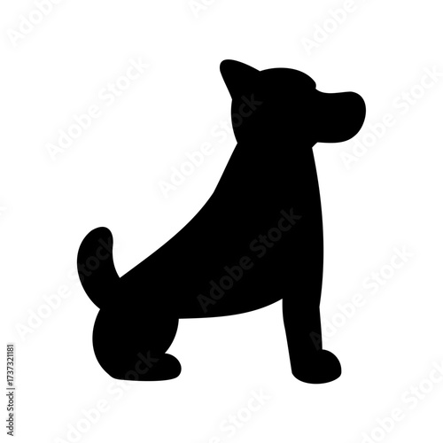 Black silhouette of a seated dog in a simple illustrative style
