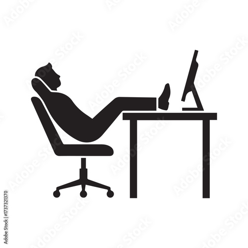 “Office worker relaxing at desk icon. Man with feet up on computer table, taking a break or procrastinating. Lazy employee pictogram.”
