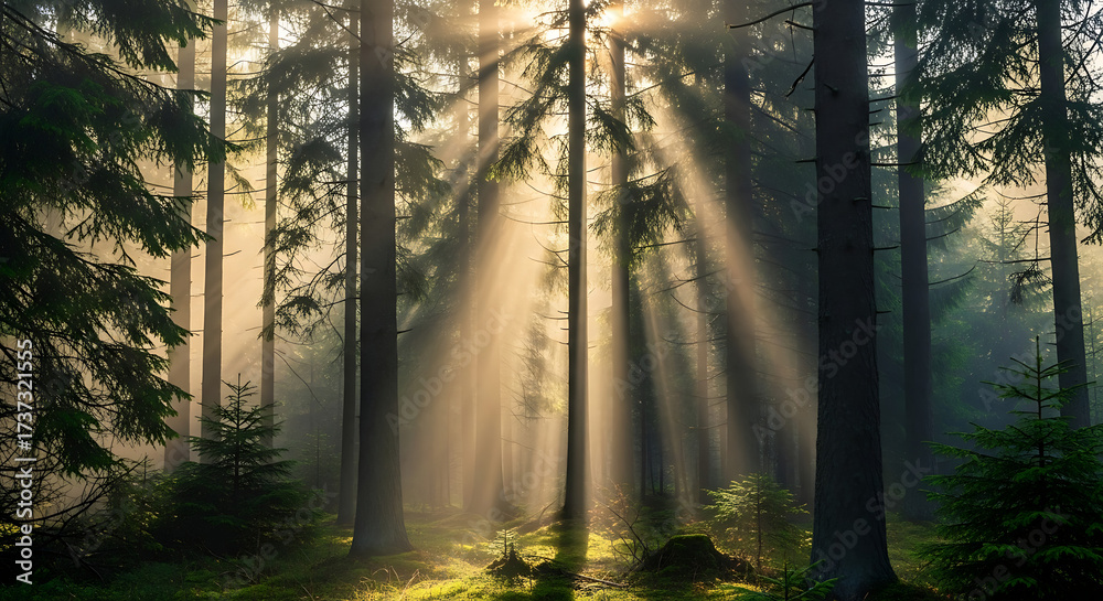 Fototapeta premium Misty Forest with Sunlight Piercing Dense Conifers