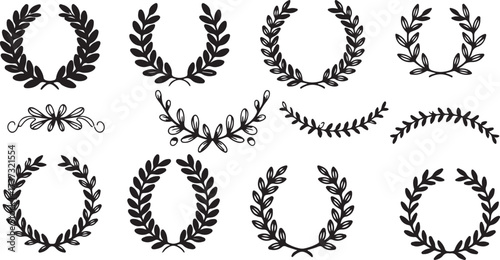 laurel wreath clipart, floral wreath illustration, botanical frame vector, decorative wreath graphics, victory laurel icons, black white wreath clipart, printable wreath designs, elegant floral frames