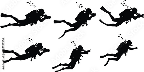 Scuba diver silhouettes, underwater exploration, marine research, diving gear, ocean activity, fins and tanks, aquatic adventure, photography, discovery, illustration