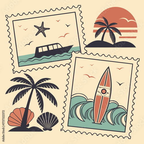 Vector art of retro summer vacation stamp set featuring a boat, starfish, palm trees, surfboard, and sunset, capturing the essence of a tropical getaway and beachside relaxation