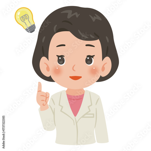 白衣を着た閃く女性　上半身イラスト／Woman wearing a white coat having an idea　upper body illustration