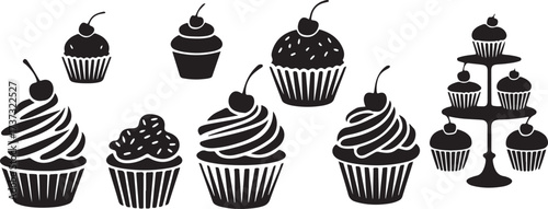 cupcake clipart silhouette, dessert illustration icons, sweet bakery vector, cake dessert graphics, pastry icon set, black white cupcake clipart, printable dessert icons, bakery design pack, sweet foo