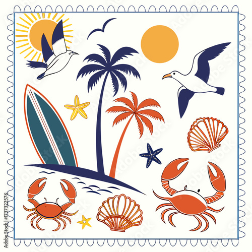 Vector art of a vibrant summer collage bursts with tropical elements, featuring palm trees, surfboards, crabs, seagulls, and seashells, creating a playful and colorful beach scene