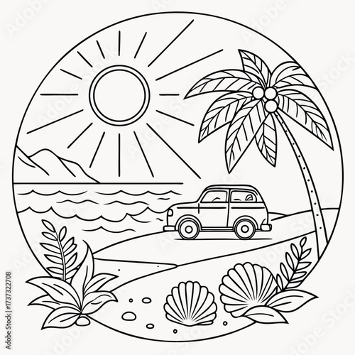 Vector art of a scenic beach scene inside a circle, featuring a car, palm tree, seashells, sun, and ocean waves, creating a tranquil and summery atmosphere