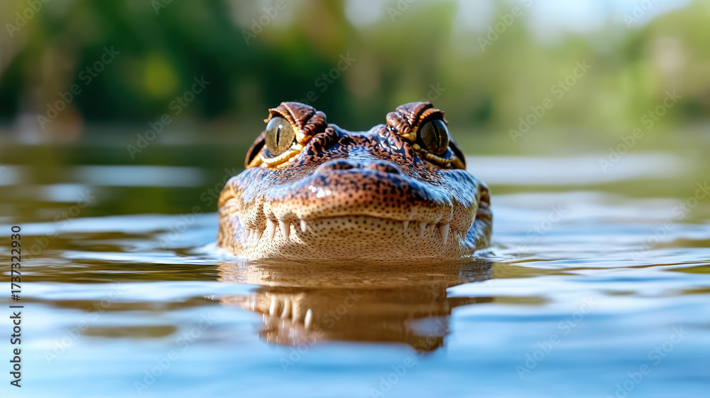 Obraz premium Close up of crocodile eyes above water surface, showcasing its unique texture and expression