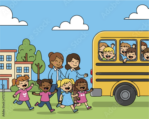 Happy Children Running to School Bus with Teachers and Friends