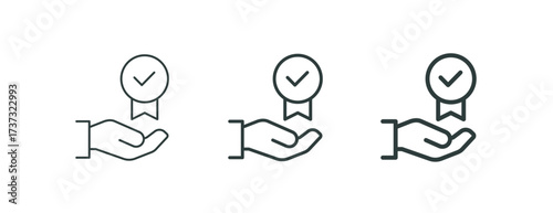 Quality guarantee, certification trust, approval minimal outline icon. Line sign hand holding award badge with check mark. Vector isolated pictograms for web app on white background editable stroke.