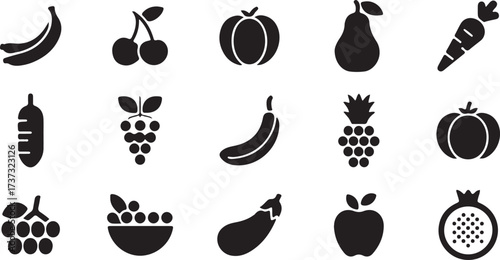 fruit silhouette clipart, food illustration icons, healthy fruit vector, organic food graphics, fruit icon set, black white food clipart, printable fruit designs, grocery icon pack, minimal food symbo