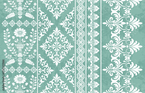 floral pattern vintage ethnic modern embroidery texture boho design vector illustration hand drawn pink flower motif branches leaves wallpaper seamless background border.