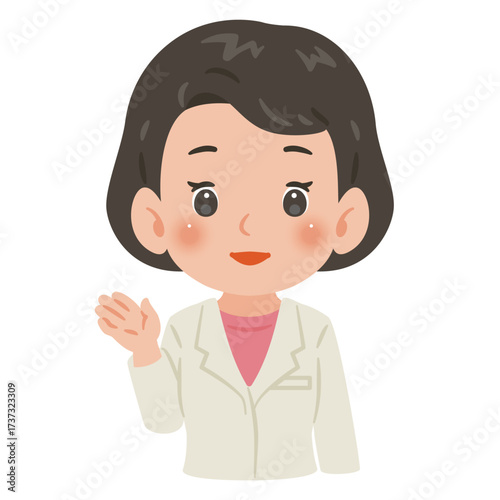白衣を着た案内する女性　上半身イラスト／Woman wearing a white coat guiding　upper body illustration