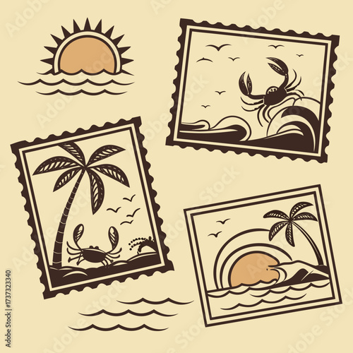 Vector art of vintage tropical postage stamp collection featuring a crab, palm trees, sunsets, and ocean waves in a retro style, evoking a sense of summer vacation and island getaway