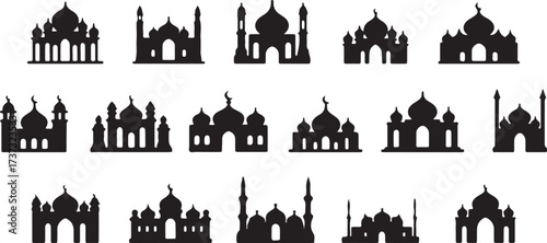 mosque silhouette clipart, islamic architecture icons, masjid illustration vector, muslim building graphics, ramadan design elements, black white mosque clipart, printable islamic icons, arabic archit