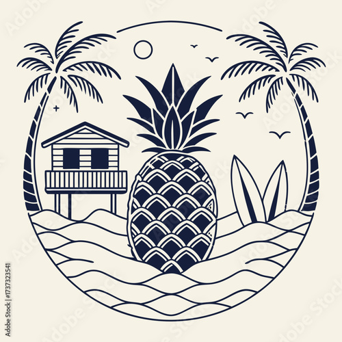 Vector art of a captivating line art illustration showcases a pineapple, surfboard, and beach hut within a circle frame, evoking a sense of tropical paradise and adventure