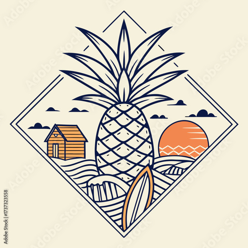 Vector art of a captivating line art illustration showcases a pineapple, surfboard, and beach hut within a diamond frame, evoking a sense of tropical paradise and adventure