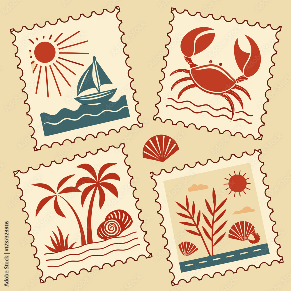 Vector art of a collection of four tropical themed postage stamps featuring a sailboat, crab, palm trees, and beach scene with sun, all in a vintage style, evoking a sense of summer vacation