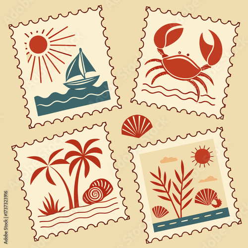 Vector art of a collection of four tropical themed postage stamps featuring a sailboat, crab, palm trees, and beach scene with sun, all in a vintage style, evoking a sense of summer vacation