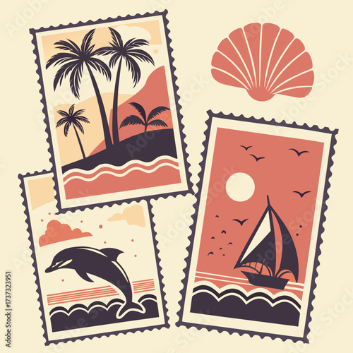 Vector art of a vintage summer vacation theme with postage stamps featuring tropical island scenery, a dolphin jumping in the ocean, and a sailboat sailing on the sea