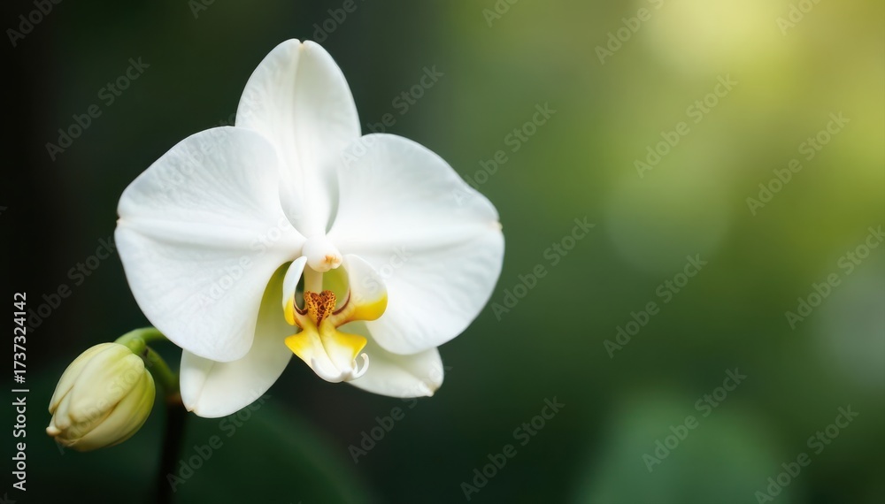 Fototapeta premium Single vanilla orchid, pristine white setting, spa, smooth