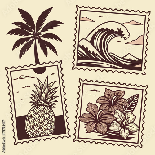 Vector art of vintage summer vacation stamps with palm tree, wave, pineapple, and hibiscus retro travel theme with tropical elements and oldfashioned postage stamps nostalgic vibes of summer holidays