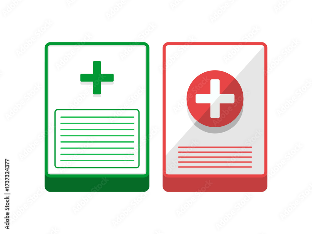 Obraz premium Green and red medical record folders with cross emblems for health files