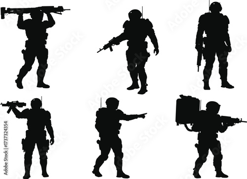Armed soldier silhouettes, tactical gear, military combat, weapon handling, defense operation,