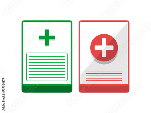 Green and red medical record folders with cross emblems for health files
